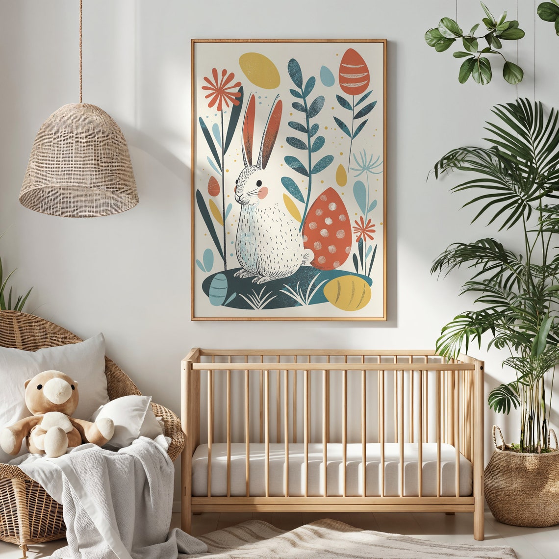 White Bunny Patterned Easter Eggs Modern Botanical Kids Room Poster - Image 2