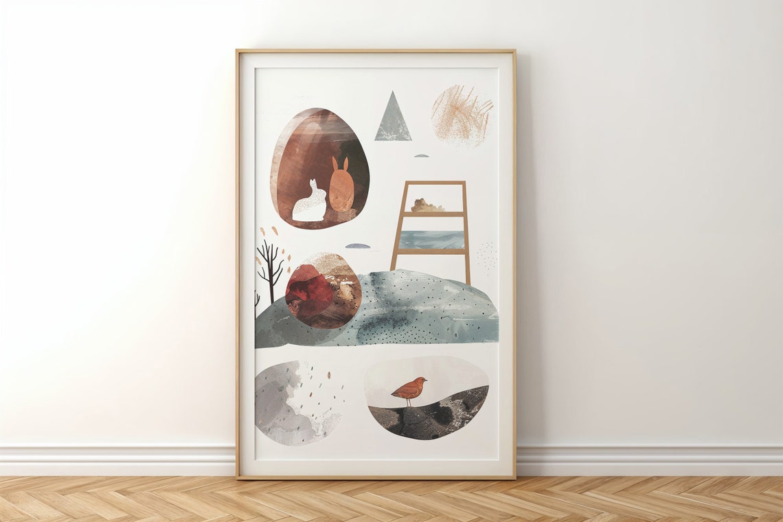 Abstract Bunny Bird Geometric Art Modern Minimalist Neutral Wall Art