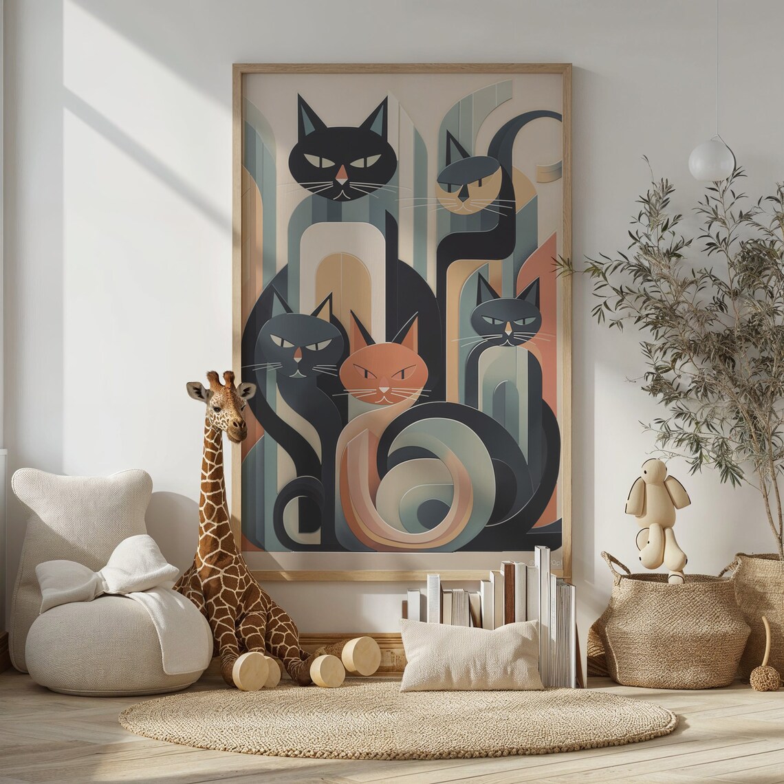 Modern Art Deco Cats Geometric Black And Peach Elegant Art Print - Image 3