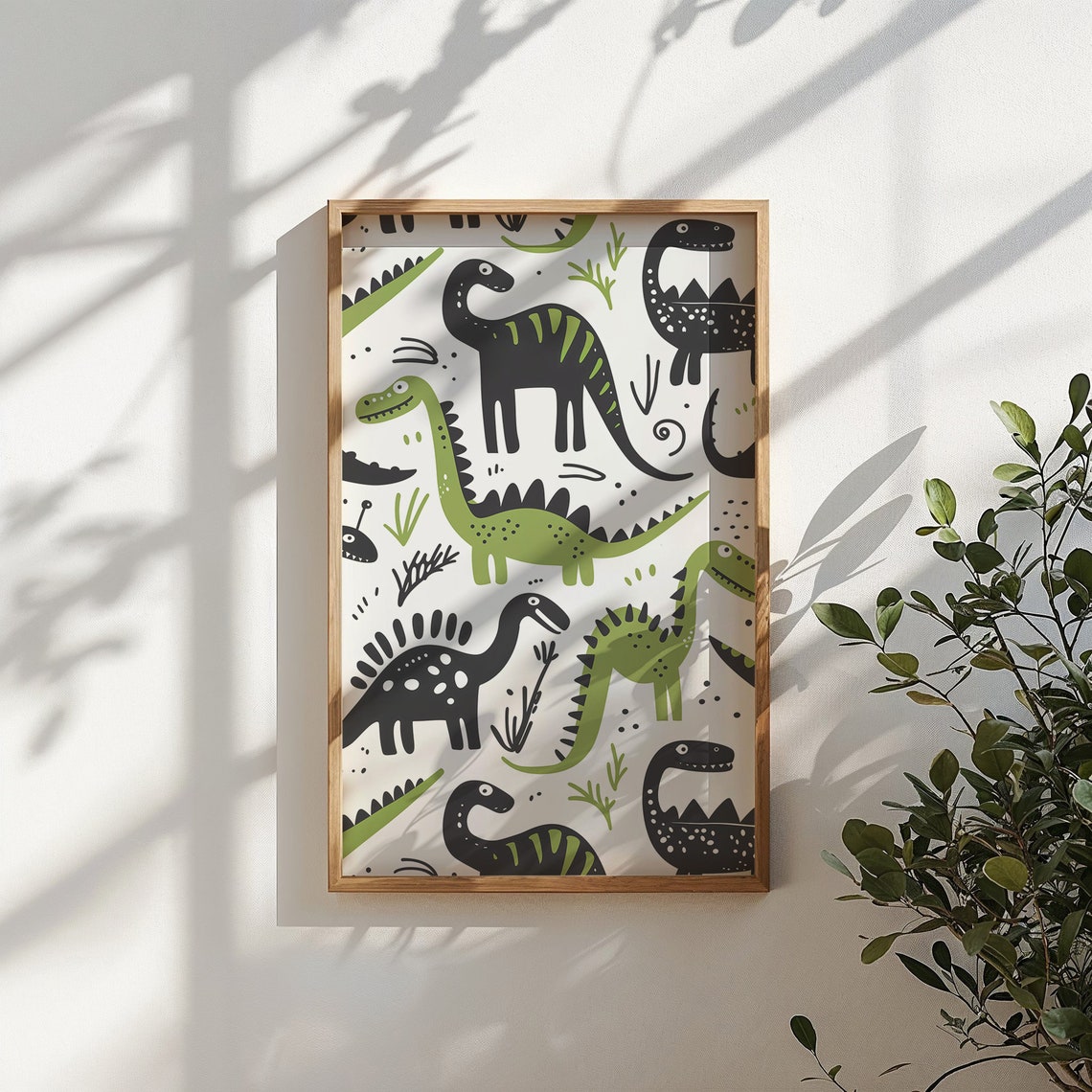 Doodle Dinosaur Pattern Green Black Long Neck Kids Room Nursery Poster - Image 5