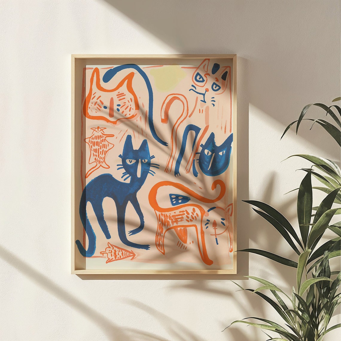 Abstract Doodle Cats In Orange And Blue Playful Minimalist Art Print - Image 5