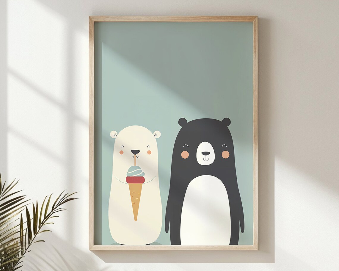 Two Bears Friends Ice Cream Cone Mint Background Kids Room Poster - Image 5