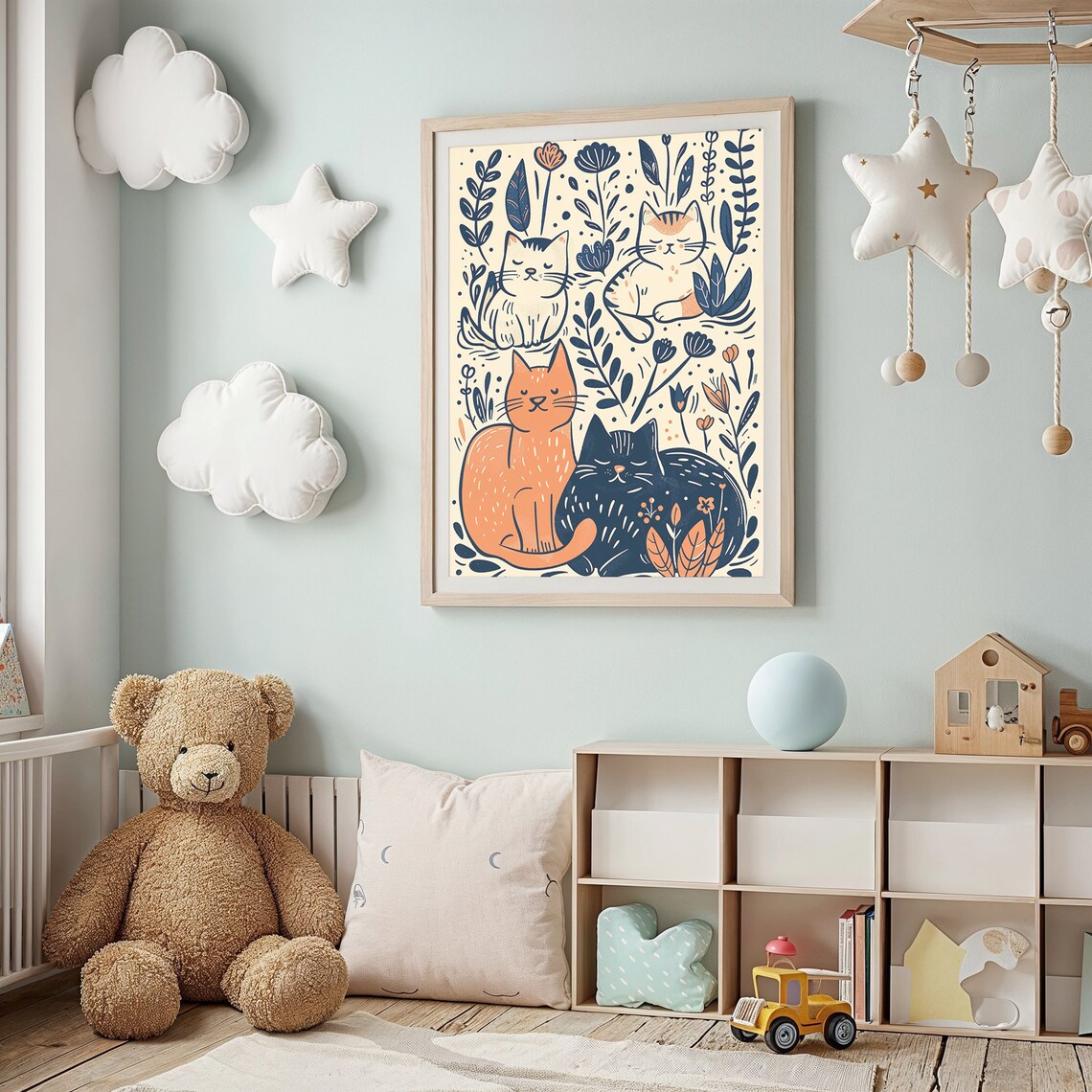 Four Cats Botanical Floral Illustration Whimsical Kids Room Wall Art Poster - Image 2