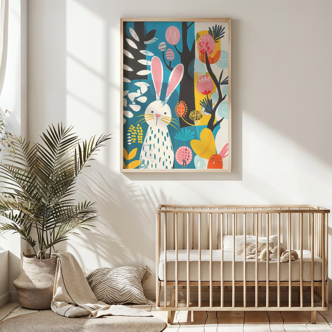 Whimsical Bunny Colorful Eggs Bold Botanical Pop Art Nursery Poster - Image 5