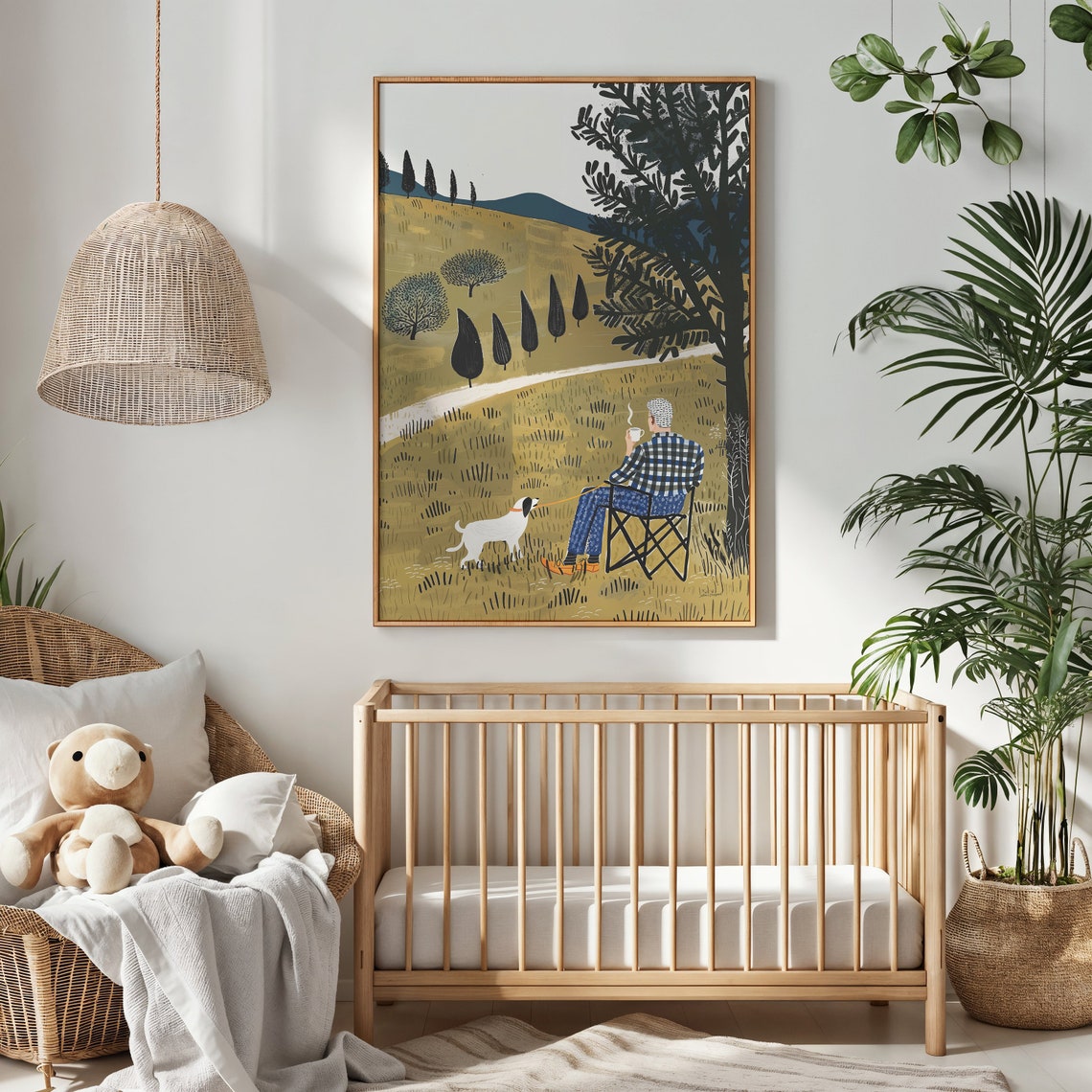 Elderly Man Coffee Dog Golden Field Cypress Trees Calm Wall Poster