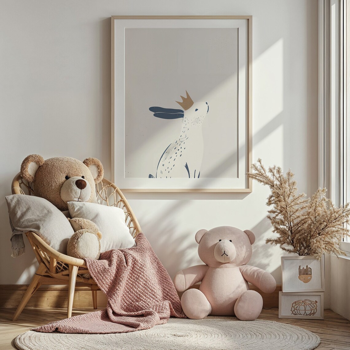 Crowned White Bunny Blue Ears Minimalist Neutral Nursery Wall Poster - Image 4