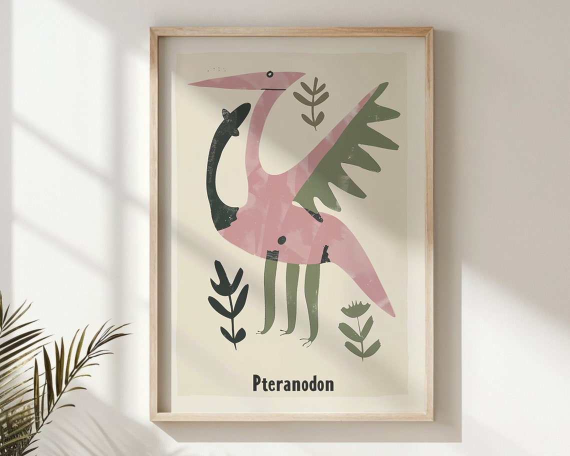 Pteranodon Flying Reptile Pink Green Educational Nursery Poster