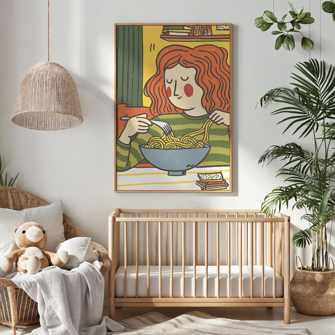 Cozy Girl Eating Noodles Book Lover Cartoon Kitchen Decor Wall Poster - Image 2