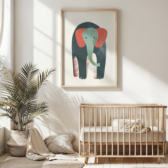 Minimalist Baby Elephant Teal Coral Ears Cute Nursery Wall Art Poster