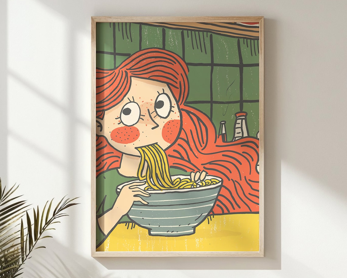 Red Hair Girl Eating Noodles Ramen Cartoon Kitchen Wall Art Poster