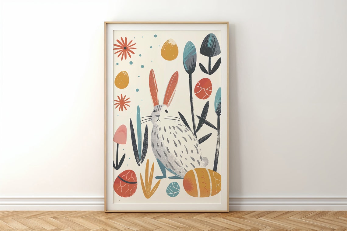 Modern Easter Bunny Decorated Eggs Flat Illustration Kids Room Poster - Image 5