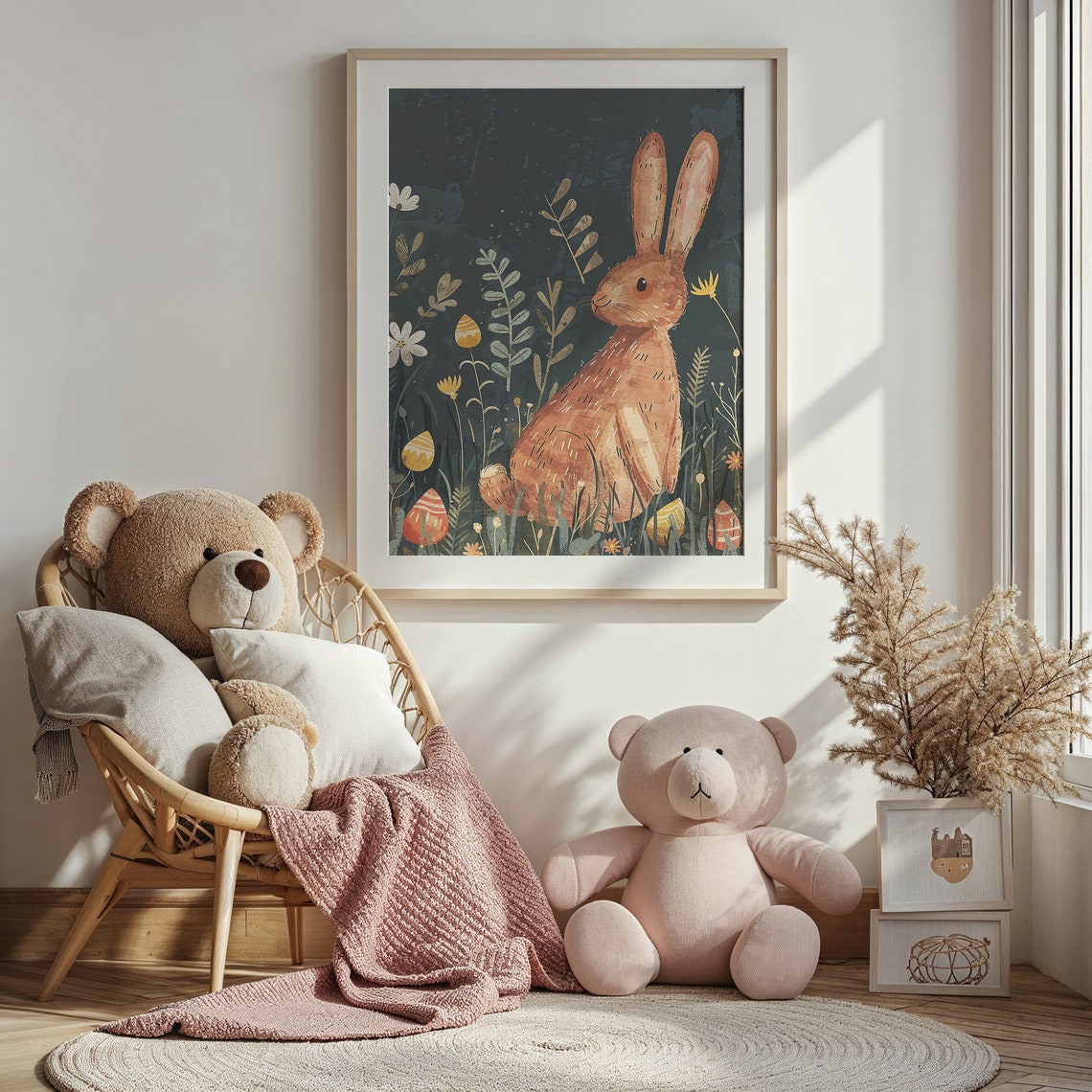 Brown Bunny Dark Meadow Wildflowers Patterned Eggs Nursery Poster - Image 3
