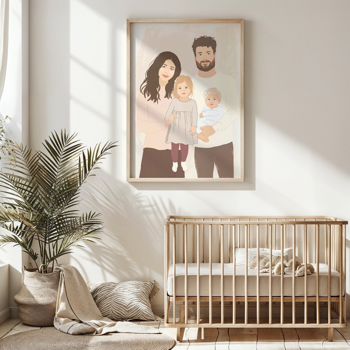 Family Of Four Minimalist Portrait Mom Dad Baby Daughter Neutral Print - Image 6