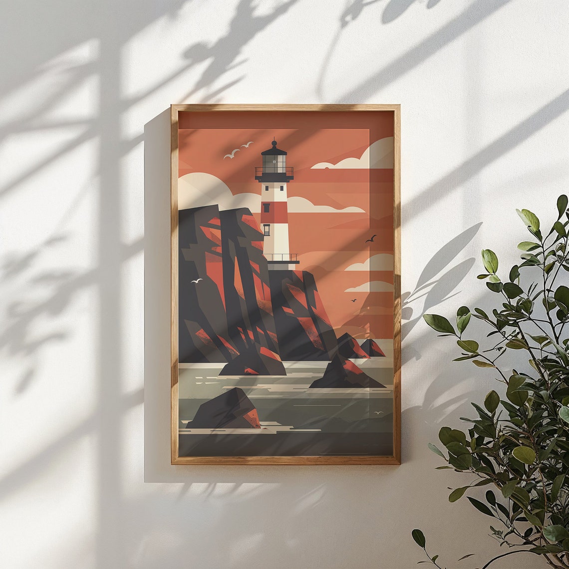 Lighthouse Red Cliffs Rocky Islets Orange Sky Seagulls Vintage Poster - Image 4