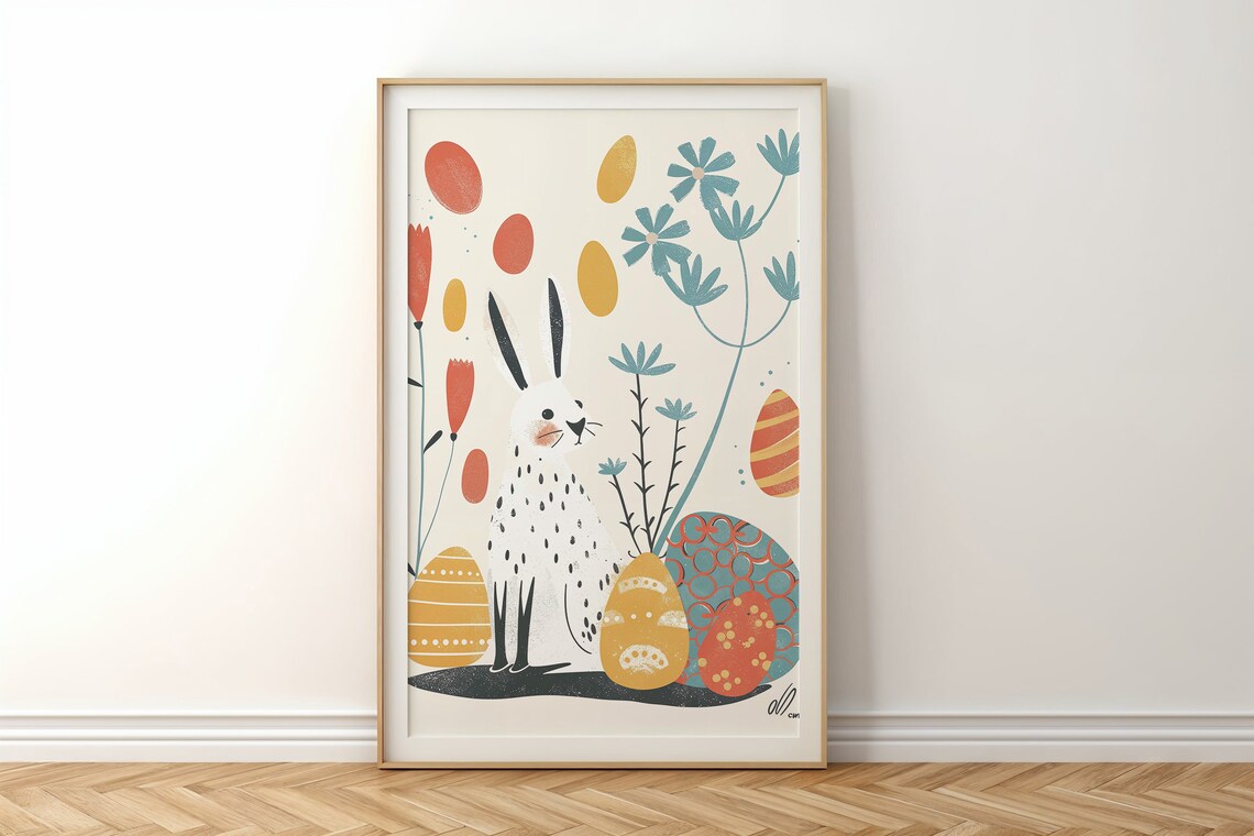Easter Bunny Tulips Patterned Eggs Mid Century Kids Room Poster - Image 5