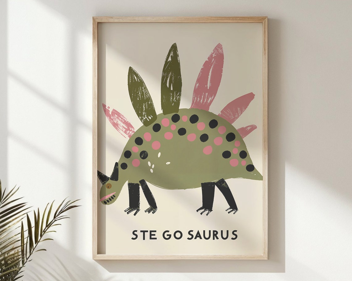 Stegosaurus Spotted Green Pink Dinosaur Educational Nursery Poster