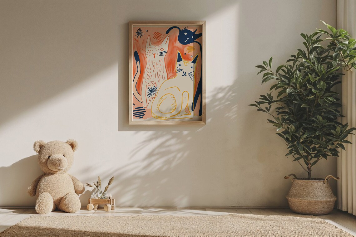 Playful Kittens Abstract Line Art Coral And Navy Modern Cat Wall Art - Image 6