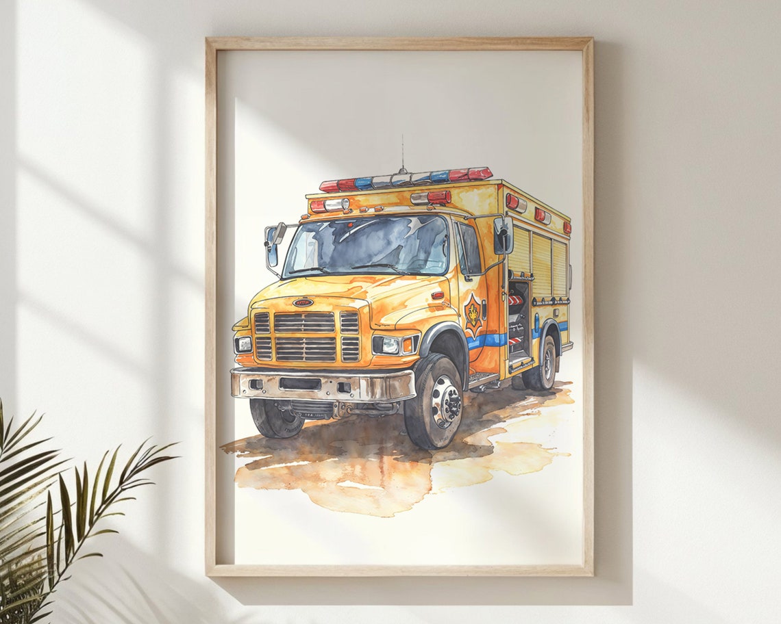 Yellow Watercolor Fire Truck Front View Kids Room Emergency Poster