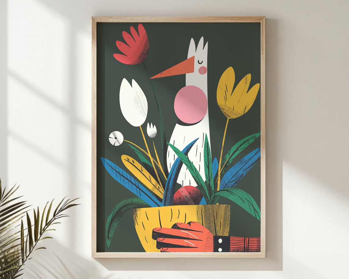 Whimsical Long Beak Bird Flower Pot Bold Botanical Pop Art Poster