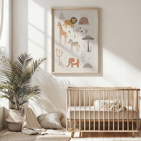 Safari Animals Nursery Poster Giraffe Lion Elephant Zebra Kids Wall Art