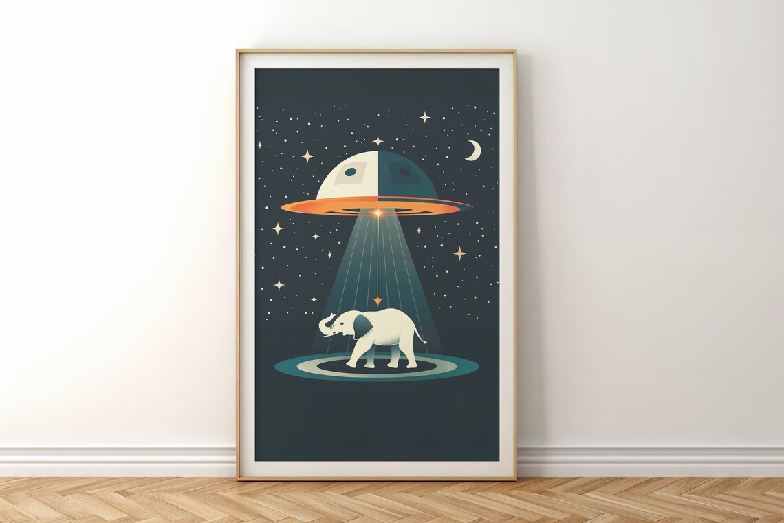 Space Elephant UFO Abduction Beam Cute Sci Fi Kids Nursery Wall Art Poster - Image 6
