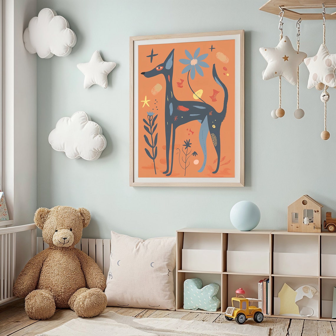 Sleek Black Dog Orange Sunset Stars Folk Art Animal Wall Poster - Image 2