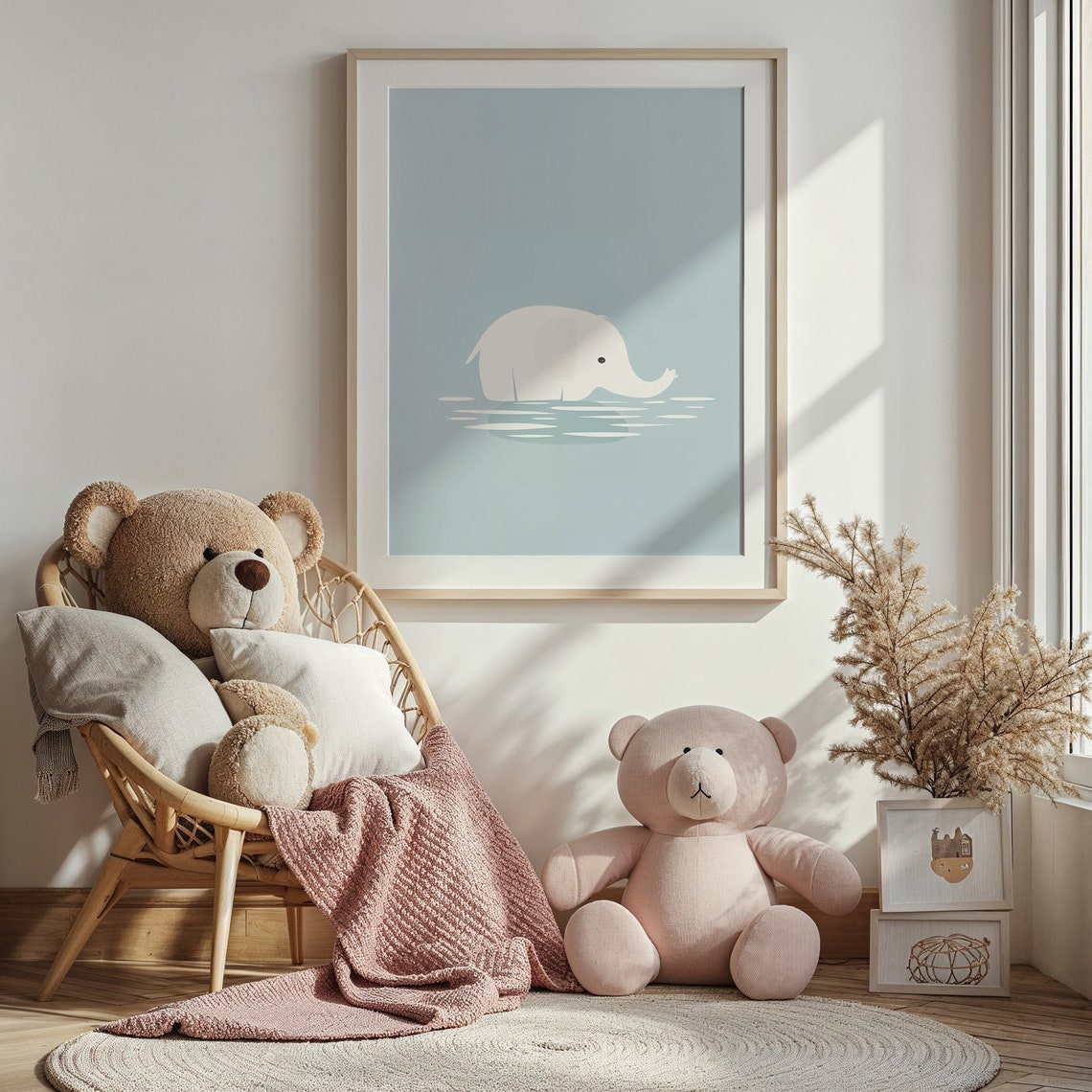 Baby Elephant Bath Time Calm Blue Water Minimalist Nursery Poster - Image 2