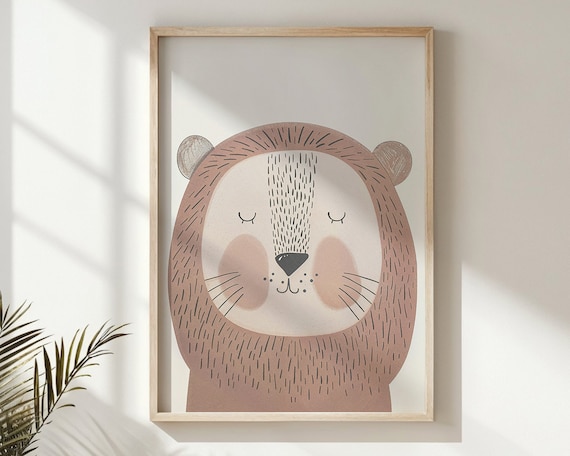 Sleeping Lion Face Nursery Poster Blush Pink Minimalist Baby Wall Art
