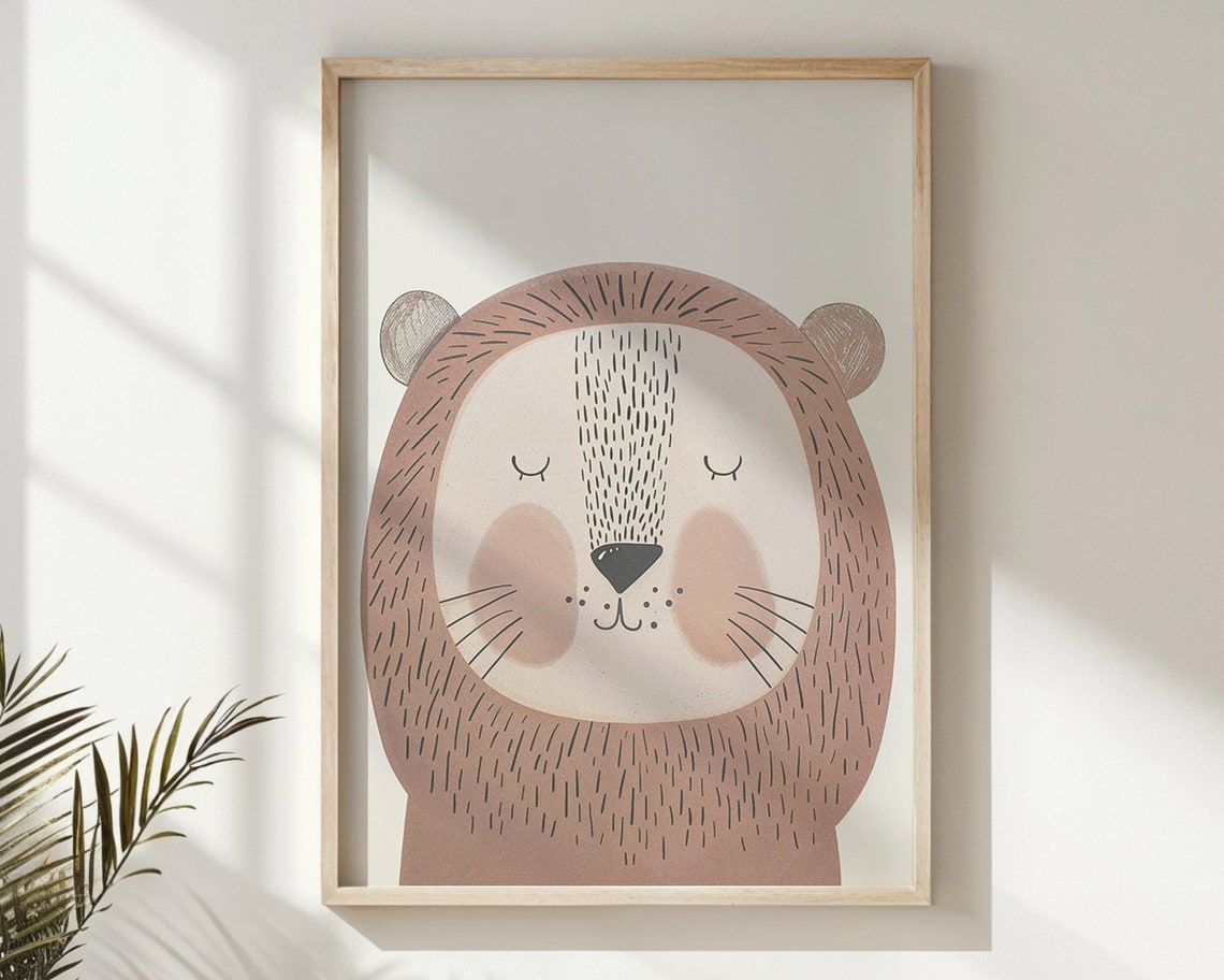 Sleeping Lion Face Nursery Poster Blush Pink Minimalist Baby Wall Art