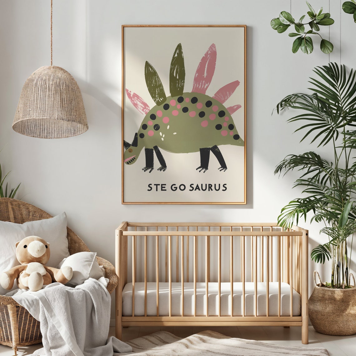 Stegosaurus Spotted Green Pink Dinosaur Educational Nursery Poster - Image 2