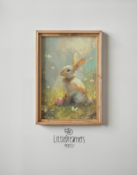 Sunny White Bunny Painterly Meadow Pink Easter Egg Nursery Poster