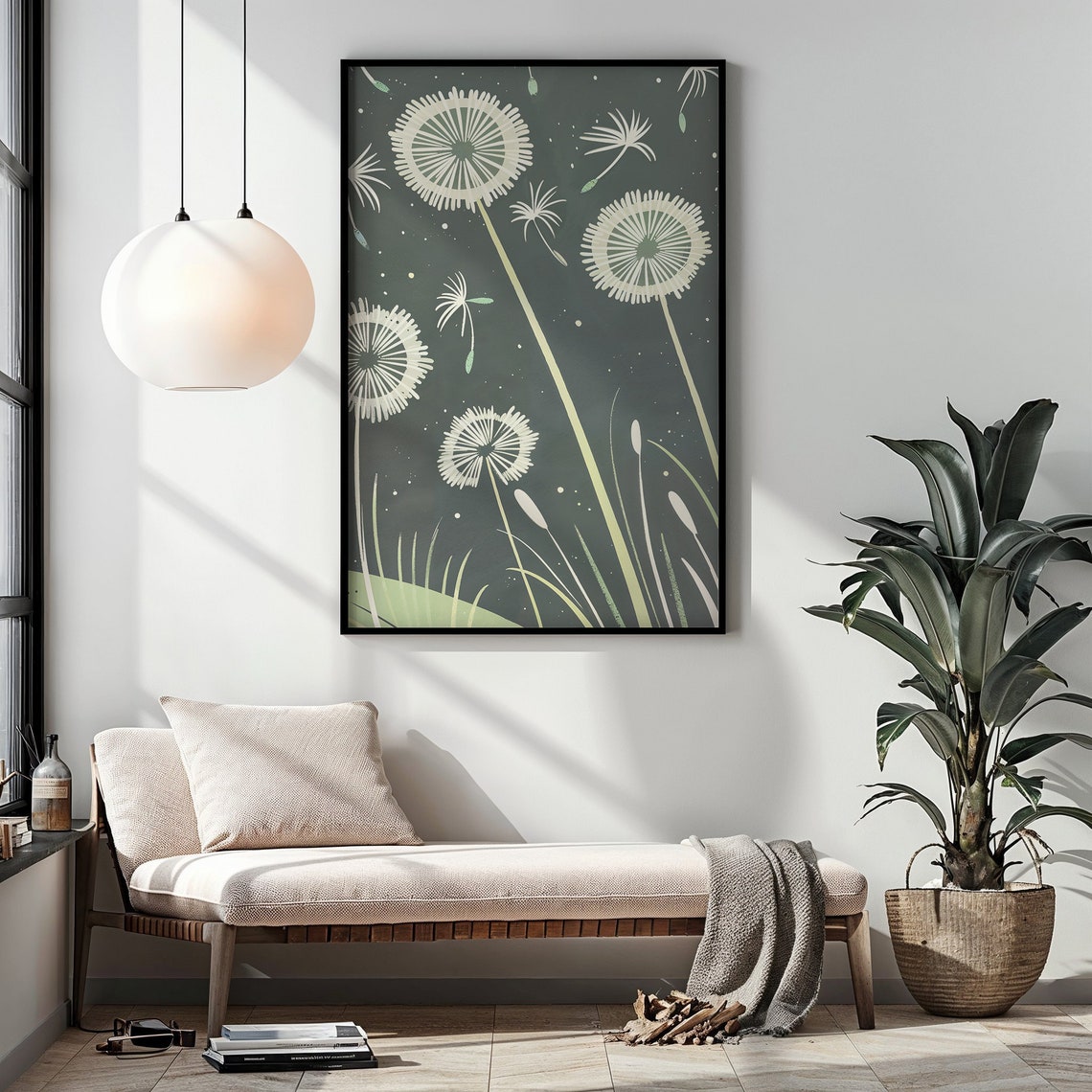 Dandelion Seed Head Night Garden Botanical Dark Green Wall Art Poster