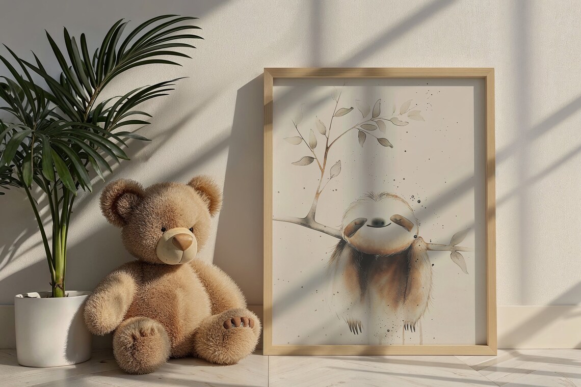 Smiling Sloth Hanging On Branch Watercolor Whimsical Kids Art Poster - Image 6