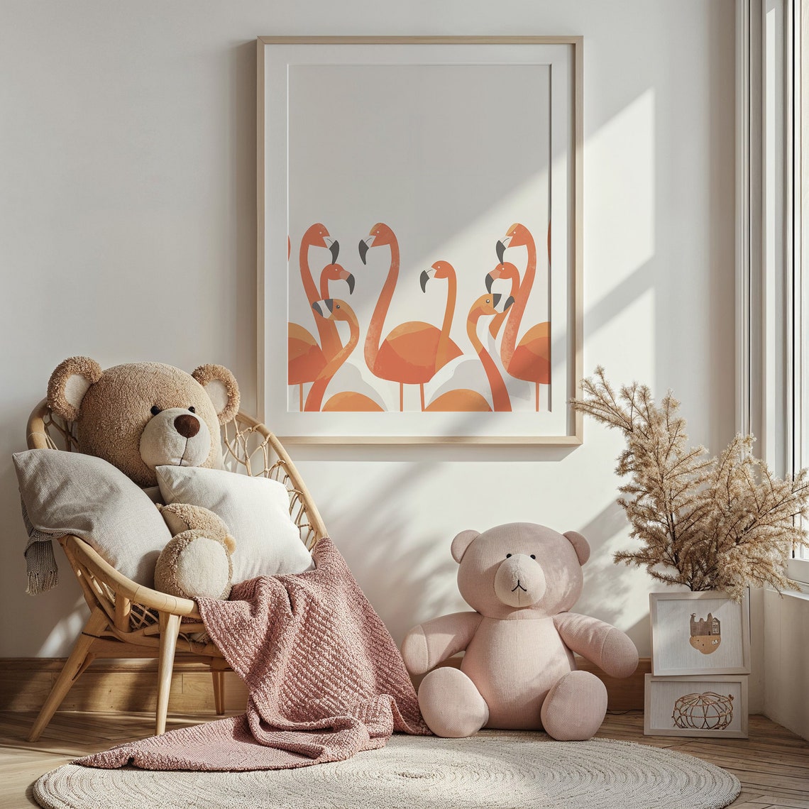 Orange Flamingos Row Airy White Space Landscape Nursery Bird Poster - Image 3