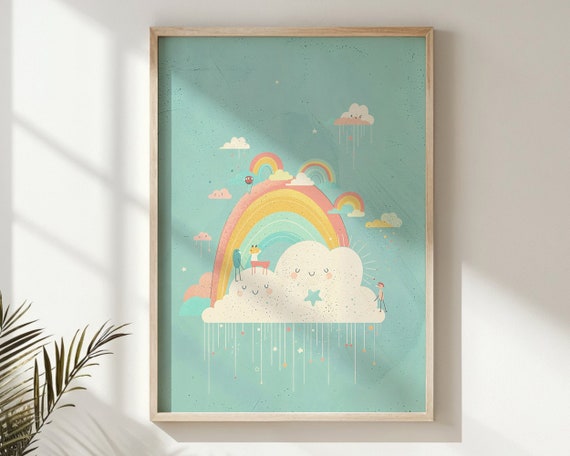 Whimsical Rainbow And Clouds Nursery Wall Art Kids Room Decor Playful Animal And Star Print Kids Poster Unique Childrens Gift