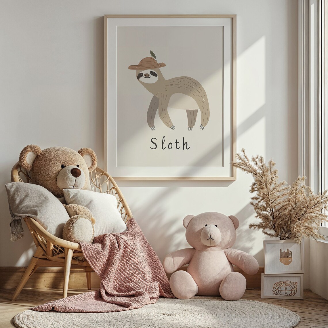 Sloth Wearing Safari Hat Cream Neutral Nursery Kids Room Art Poster - Image 2