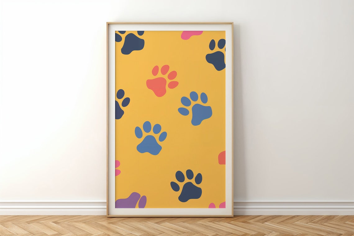 Colorful Paw Prints Mustard Yellow Background Kids Nursery Art Poster - Image 5