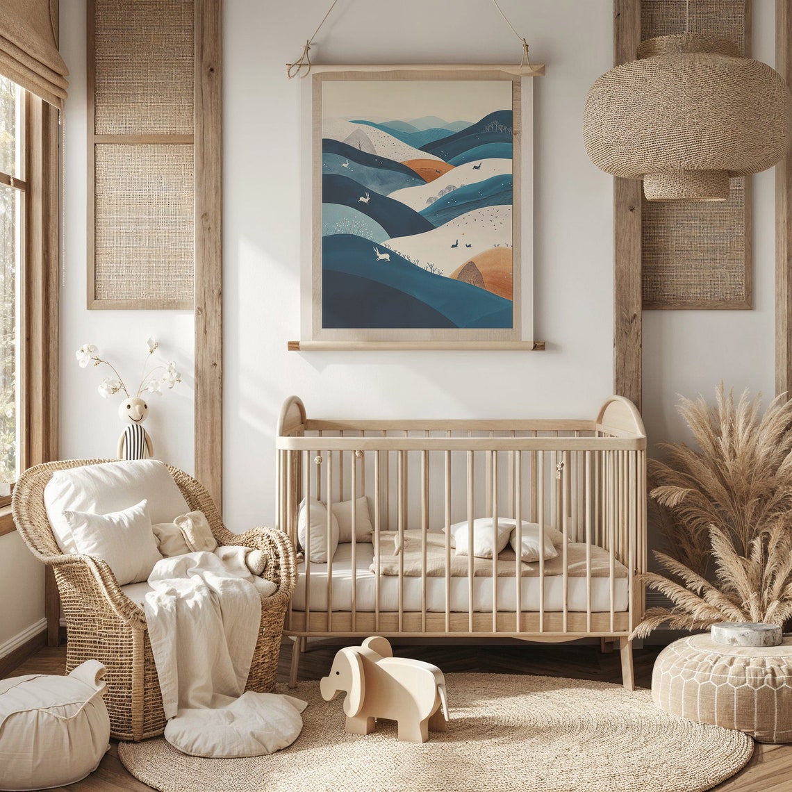 Abstract Rolling Hills Hares Birds Teal Beige Nursery Poster - Image 3