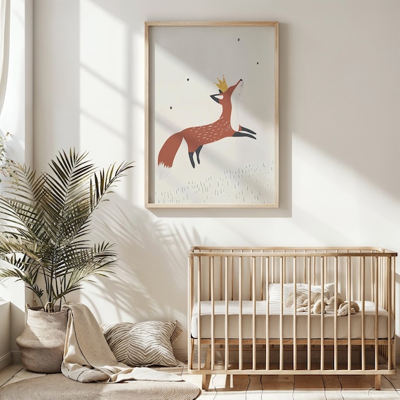 Rust Red Fox Gold Crown Leaping Minimalist Neutral Nursery Wall Poster
