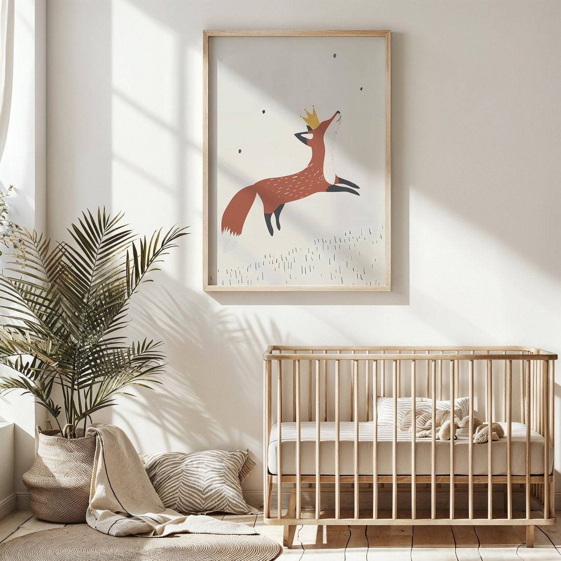 Rust Red Fox Gold Crown Leaping Minimalist Neutral Nursery Wall Poster