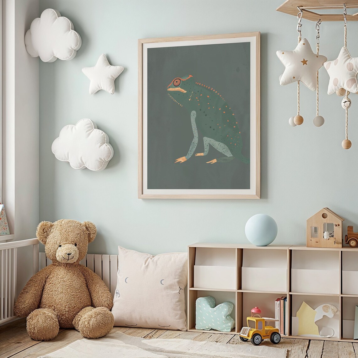 Chameleon With Orange Spots On Forest Green Kids Reptile Art Poster - Image 3