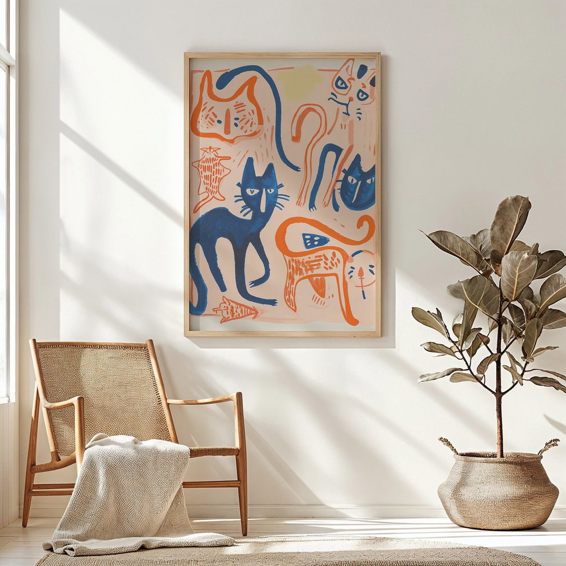 Abstract Doodle Cats In Orange And Blue Playful Minimalist Art Print - Image 6