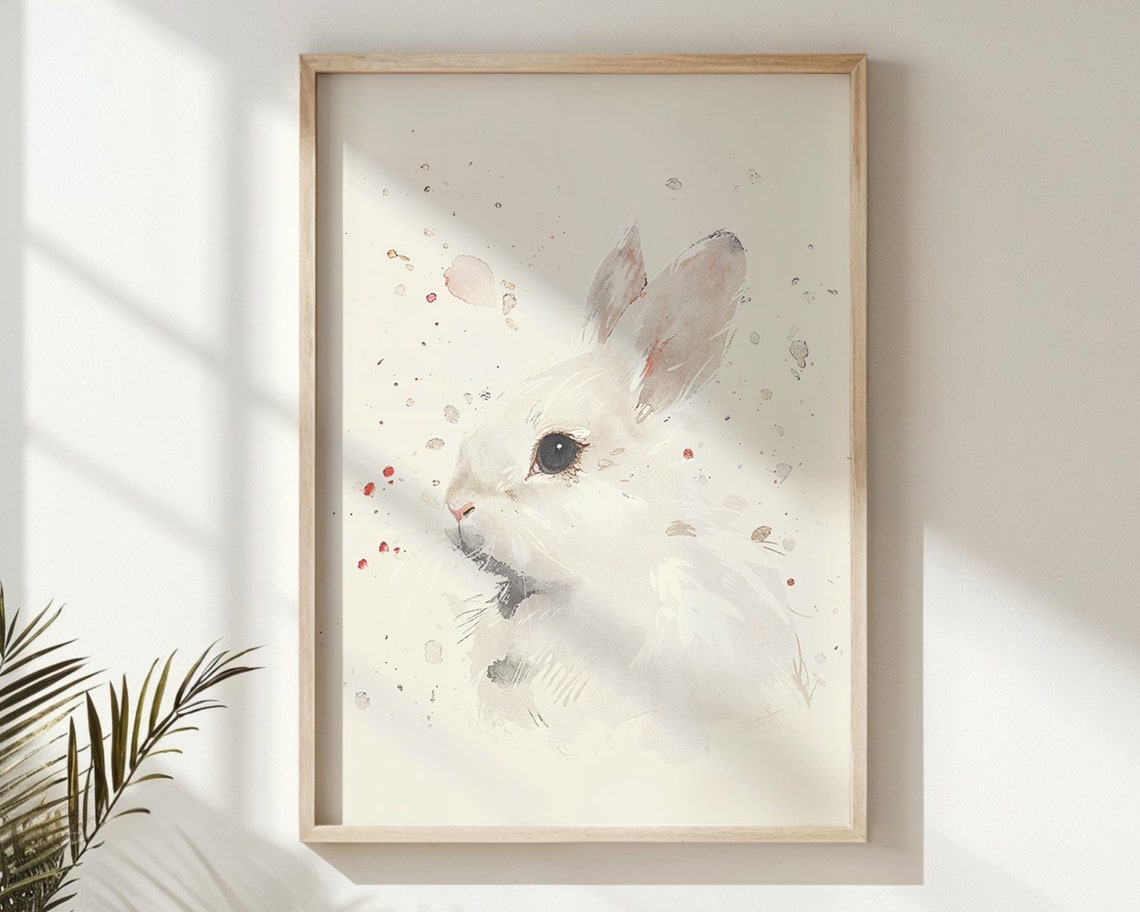 Delicate White Bunny Watercolor Minimalist Splatter Nursery Poster