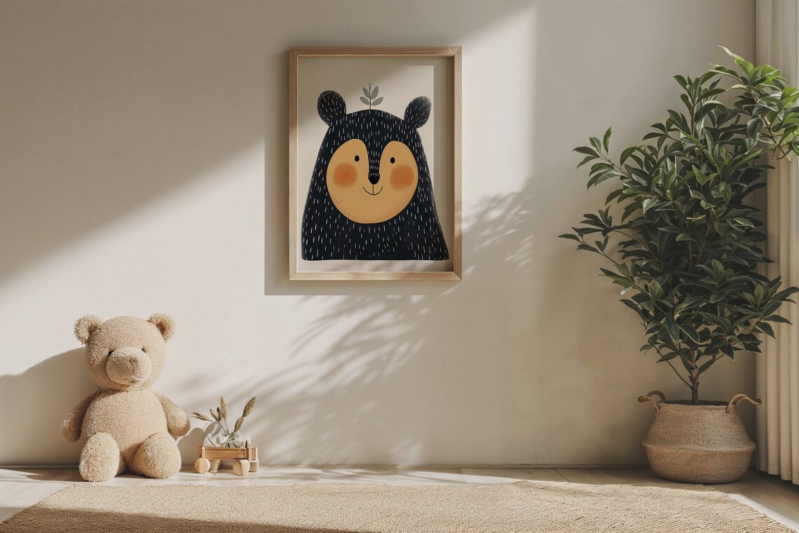 Cheerful Black Bear Cub Face Mustard Cheeks Modern Minimal Nursery Poster - Image 6