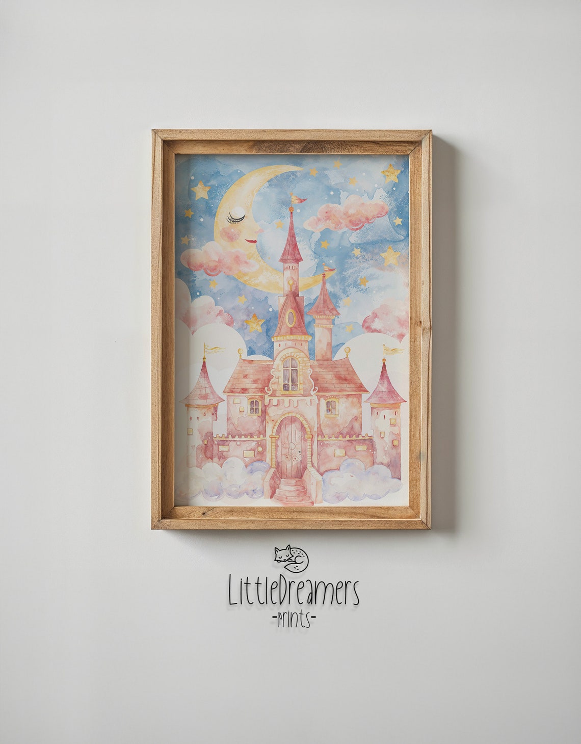 Pink Fairytale Castle Sleeping Moon Watercolor Nursery Wall Poster - Image 5