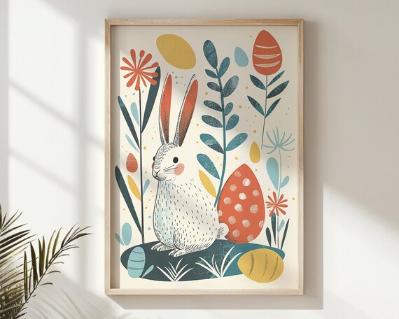 White Bunny Patterned Easter Eggs Modern Botanical Kids Room Poster
