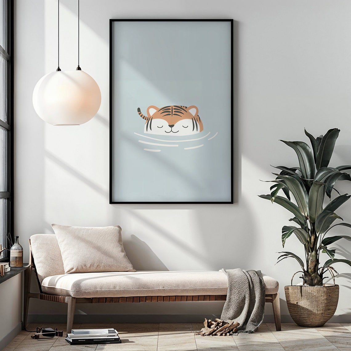Sleepy Tiger Cub Bath Time Calm Blue Minimalist Nursery Wall Poster
