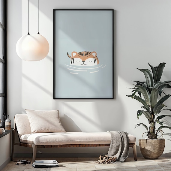 Sleepy Tiger Cub Bath Time Calm Blue Minimalist Nursery Wall Poster