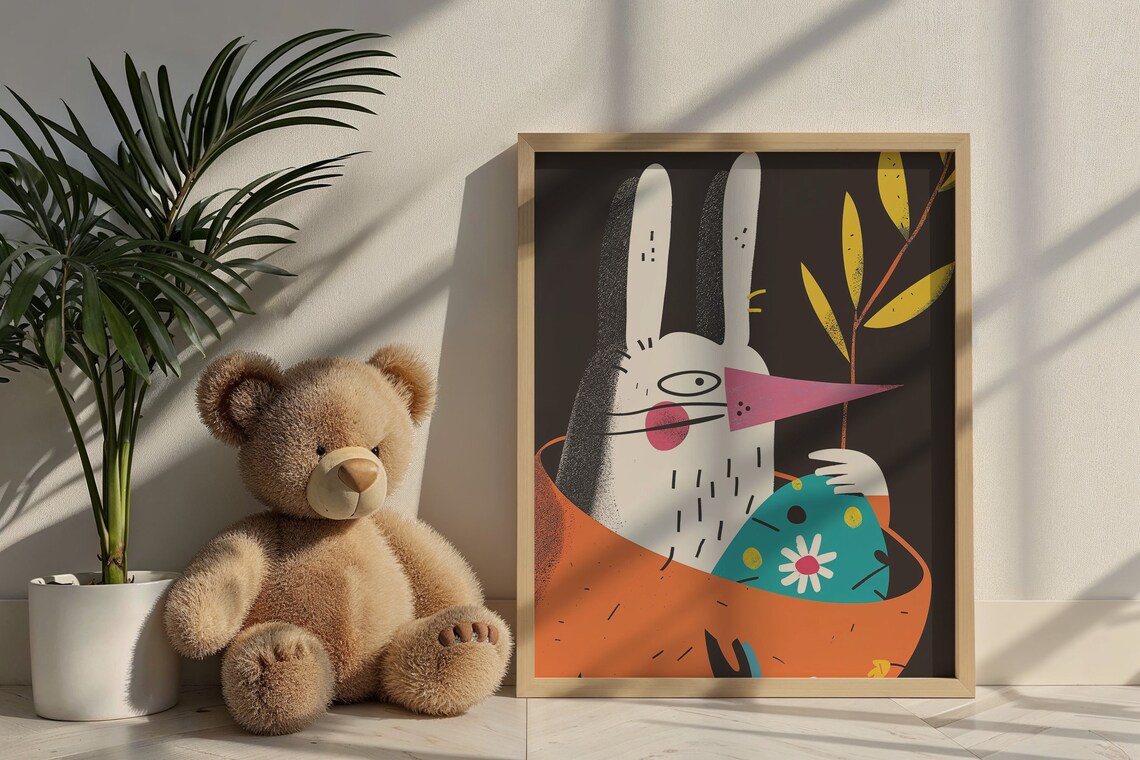 Quirky Bunny Peeking Orange Basket Blue Egg Bold Graphic Kids Room Poster - Image 6