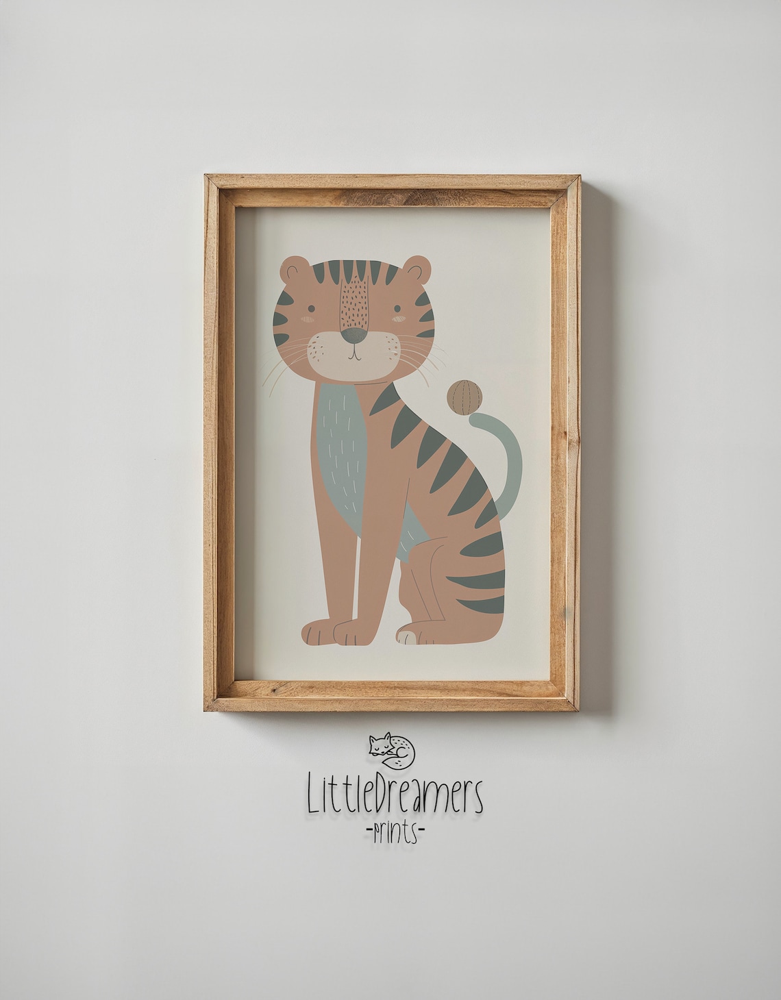 Cute Sitting Tiger Cub Sage Green Stripes Neutral Kids Wall Art Poster